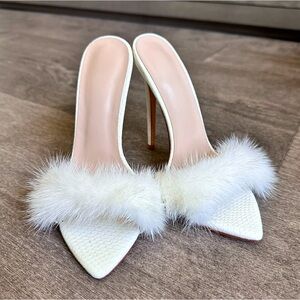 White Real Fur Trimmed High Heel Mules